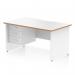 This picture shows a Dynamic Pedestal Desk with a 1400 x 800mm white top, scalloped edge, and natural wood edge. It has a white panel end leg and comes with a 3 drawer fixed pedestal. Perfect for any office workstation.
