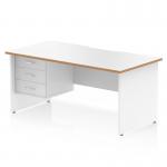 The image shows a sleek white top desk with a natural wood edge, scalloped edges and a straight design. It features panel end legs and comes with a 3 drawer fixed pedestal for storage. This 1600 x 800mm workstation is a stylish and functional addition to any office.