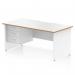 The image shows a sleek white top desk with a natural wood edge, scalloped edges and a straight design. It features panel end legs and comes with a 3 drawer fixed pedestal for storage. This 1600 x 800mm workstation is a stylish and functional addition to any office.