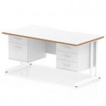 The Dynamic Pedestal Desk Oslo features a sleek 1600 x 800mm white top with wood edges and a scalloped edge design. White cantilever legs provide stability and style while a fixed pedestal offers storage with 2 drawers and 3 drawers. An ideal workstation for any modern office.