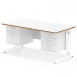 The Dynamic Pedestal Desk Oslo features a 1600 x 800mm white top with scalloped edges, giving it a sleek and modern look. Its straight design is complemented by white cable managed legs, providing a well-organized workspace. The desk also includes a fixed pedestal with 1 drawer and 2 larger drawers, offering ample storage.