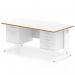 The Dynamic Pedestal Desk Oslo features a 1600 x 800mm white top with scalloped edges, giving it a sleek and modern look. Its straight design is complemented by white cable managed legs, providing a well-organized workspace. The desk also includes a fixed pedestal with 1 drawer and 2 larger drawers, offering ample storage.