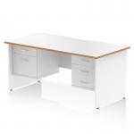 This sleek and modern workstation features a scalloped edge straight desk with a white top and wood edge, complemented by a white panel end leg. The desk includes a 2 drawer and 3 drawer fixed pedestal for convenient storage and organization. Perfect for any office space.