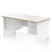 This sleek and modern workstation features a scalloped edge straight desk with a white top and wood edge, complemented by a white panel end leg. The desk includes a 2 drawer and 3 drawer fixed pedestal for convenient storage and organization. Perfect for any office space.
