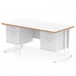 The Dynamic Pedestal Desk in Oslo features a sleek white top with a natural wood edge, curved scalloped edges, and a sturdy white cantilever leg. It also comes with two 2-drawer fixed pedestals for ample storage. Clean, modern, and functional for any office space.