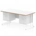The Dynamic Pedestal Desk in Oslo features a sleek white top with a natural wood edge, curved scalloped edges, and a sturdy white cantilever leg. It also comes with two 2-drawer fixed pedestals for ample storage. Clean, modern, and functional for any office space.