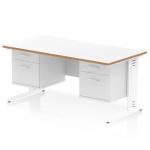 This photo features a modern Dynamic Pedestal Desk from Oslo, measuring 1600 x 800mm. It has a sleek scalloped edge white top with a natural wood edge, supported by white cable managed legs. The workstation also includes 2 x 2 drawer fixed pedestals, providing ample storage space. Perfect for any office setting.