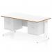 This photo features a modern Dynamic Pedestal Desk from Oslo, measuring 1600 x 800mm. It has a sleek scalloped edge white top with a natural wood edge, supported by white cable managed legs. The workstation also includes 2 x 2 drawer fixed pedestals, providing ample storage space. Perfect for any office setting.