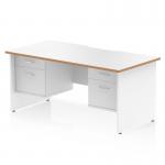This photograph shows a modern and stylish office desk, with a white top and natural wood edge. The desk is 1600 x 800mm in size and features a scalloped edge and straight design. The white panel end legs give it a sleek and professional look. There are 2 x 2 drawer fixed pedestals attached to the desk for additional storage space.