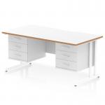 The dynamic pedestal desk has a modern Oslo design, measuring 1600 x 800mm with a scalloped edge and straight white top. The natural wood edge adds a touch of elegance and the white cantilever leg provides a stable base. It also includes 2 x 3 drawer fixed pedestals for storage.