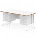The dynamic pedestal desk has a modern Oslo design, measuring 1600 x 800mm with a scalloped edge and straight white top. The natural wood edge adds a touch of elegance and the white cantilever leg provides a stable base. It also includes 2 x 3 drawer fixed pedestals for storage.