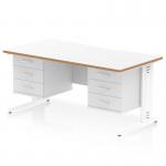 This image features a sleek white top with a natural wood edge, paired with a white cable managed leg. The desk measures 1600 x 800mm and has a unique scalloped edge design. It also includes two 3 drawer fixed pedestals for storage.