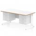 This image features a sleek white top with a natural wood edge, paired with a white cable managed leg. The desk measures 1600 x 800mm and has a unique scalloped edge design. It also includes two 3 drawer fixed pedestals for storage.