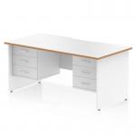 This photo features a beautiful Dynamic Pedestal Desk Oslo with a spacious 1600 x 800mm white top, complemented by a scalloped edge and natural wood detailing. The modern white panel end legs add a sleek touch, while the fixed 3 drawer pedestals provide ample storage. A perfect addition to any office workspace.