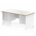 This photo features a beautiful Dynamic Pedestal Desk Oslo with a spacious 1600 x 800mm white top, complemented by a scalloped edge and natural wood detailing. The modern white panel end legs add a sleek touch, while the fixed 3 drawer pedestals provide ample storage. A perfect addition to any office workspace.