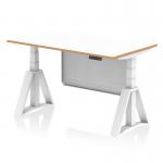 This image shows a sleek and modern office desk with a white top, natural wood edge, and white frame. The desk is height adjustable and features a white steel modesty panel. It also has a piste foot for added support and stability.