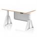 This image shows a sleek and modern office desk with a white top, natural wood edge, and white frame. The desk is height adjustable and features a white steel modesty panel. It also has a piste foot for added support and stability.
