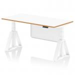 The photo features the sleek and modern Dynamic Sit Stand and Height Adjustable Desks Oslo 1600mm. The desk has a white top with a natural wood edge and is supported by a white frame. It also has a white steel modesty panel and is equipped with a Piste Foot for extra stability. This versatile desk is perfect for any office space.