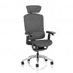 The photo showcases a sleek and modern ergonomic chair with a dynamic mesh back in a sophisticated grey fabric. The chair features an adjustable headrest and is perfect for any office space or home workspace.