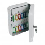 This image features a Phoenix Key Cabinet with 48 hooks, a key lock, and a sleek design. The cabinet is made of sturdy materials and has a clear label on the front for easy organization. The keys hang neatly inside the secure box, providing a convenient and organized storage solution.