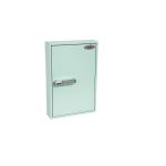 A photograph of the Phoenix Commercial Key Cabinet would show a sturdy metal cabinet with a sleek, modern design. The cabinet would have a shiny finish, and the front door would feature a digital electronic lock. The cabinet would have 64 hooks for hanging keys, making it perfect for organizing and storing large amounts of keys. Its spacious interior would be visible through the clear glass door. The Phoenix logo would be prominently displayed on the top of the cabinet.