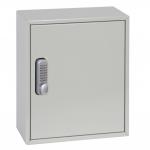 The image features a sleek, metal Phoenix Key Cabinet with a deep storage area and a separate compartment for a padlock. The cabinet is designed to hold up to 24 keys, with each hook labeled for easy organization. The lock uses a reliable mechanical combination system, ensuring the security of your keys. The overall design exudes durability and functionality, making it a perfect addition to any office or business setting.