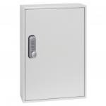 The image shows a Phoenix Key Cabinet which features a mechanical combination lock and can hold up to 50 keys. The cabinet is deep and made of durable materials. The padlock adds an extra level of security. The overall look is sleek and professional, with a glossy finish. The cabinet has a rectangular shape and features rounded corners. The lock is located on the front of the cabinet, with a silver handle and dial for entering the combination. The cabinet also has a keyhole for manual unlocking. The hooks inside are arranged in an organized manner, making it easy to find and retrieve specific keys. Overall, the cabinet is compact but spacious, perfect for keeping keys safe and organized.