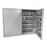 The image shows a sturdy Phoenix key cabinet, designed to keep keys safe and organized. The cabinet has a deep, spacious interior and features a secure key lock. It has 100 hooks for storing multiple keys and is accompanied by a padlock for additional security. The overall appearance is neat and professional, making it an ideal storage solution for any setting.