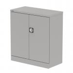 The photograph captures two sleek silverline medium cupboards, measuring 1000mm in width, with a goose grey finish. Each cupboard has two doors and a shelf, providing ample space for stationery storage. The modern design adds a touch of sophistication to any office space.