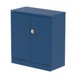 The image is of two tall, metallic blue cupboards with silver handles. Each cupboard has two doors and a shelf inside. The cupboards stand at 1000mm and are part of the Silverline Medium Cupboards Qube collection.