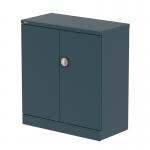 This photo features a sleek and modern Silverline Medium Cupboard, specifically the Qube 1000mm 2-Door Stationery Cupboard in a gorgeous Ocean Cobalt color. The cupboard includes a convenient shelf for storing supplies.