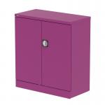 The Silverline Medium Cupboards Qube is a vibrant Traffic Purple color with two doors and a shelf inside. It stands at 1000mm tall and is designed for storing stationery and other office supplies. This compact yet functional cupboard adds a pop of color to any workspace.