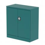 In an office setting, a photo of the Silverline Medium Cupboards Qube 1000mm 2-Door Stationery Cupboard Verdigris With Shelf QS2098 showcases a sleek and modern design. The tall silver cupboards feature two doors and a verdigris finish, with a convenient shelf inside for organizing stationery.