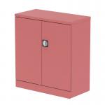A photograph of the Silverline Medium Cupboards Qube 1000mm 2-Door Stationery Cupboard Antique Pink With Shelf QS2099 shows a sleek and stylish storage unit in a feminine antique pink color. The two doors open to reveal ample space for organizing office supplies, with a single shelf for added convenience. The smooth finish and modern design make it a perfect addition to any workspace or home office.