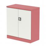 The picture shows a medium-sized Silverline Qube cupboard measuring 1000mm in width. It features two doors and is adorned in a charming combination of antique pink and satin white. The cupboard also includes a convenient shelf inside.