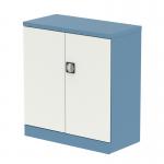 In the photo, two sleek and modern Silverline medium cupboards are shown in a beautiful pastel blue and satin white color. The 2-door design and Qube style give the cupboards a contemporary look. A stylish shelf is also visible, providing space for stationery.
