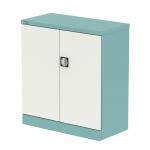 This photo showcases two sleek medium cupboards from Silverline, measuring 1000mm and featuring a pastel turquoise and satin white color scheme. A shelf can be seen inside one of the cupboards, providing functional storage space.