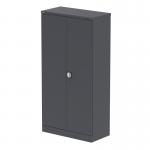 The photo shows two sleek silverline tall cupboards with graphite grey doors and shelves. The cupboards measure 1850mm and have a modern Qube design. Perfect for storing stationery or organizing office supplies.
