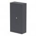 The photo shows two sleek silverline tall cupboards with graphite grey doors and shelves. The cupboards measure 1850mm and have a modern Qube design. Perfect for storing stationery or organizing office supplies.