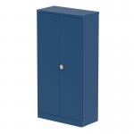 The photograph shows two tall silverline cupboards with blue doors and shelves. The Qube cupboards measure 1850mm in height and have two doors for easy access. They are ideal for storing stationery and other items in a neat and organized manner. The silver color gives them a modern and sleek look, making them a great addition to any office or workspace.