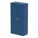 The photograph shows two tall silverline cupboards with blue doors and shelves. The Qube cupboards measure 1850mm in height and have two doors for easy access. They are ideal for storing stationery and other items in a neat and organized manner. The silver color gives them a modern and sleek look, making them a great addition to any office or workspace.