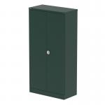 The picture features two tall, British Racing Green cupboards with two doors each and a height of 1850mm. The cupboards are from Silverline and are part of their Qube collection. The shelves inside are visible and provide storage for stationery items.