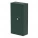 The picture features two tall, British Racing Green cupboards with two doors each and a height of 1850mm. The cupboards are from Silverline and are part of their Qube collection. The shelves inside are visible and provide storage for stationery items.