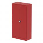 The Silverline Tall cupboards Qube 1850mm 2-Door Stationery Cupboard is a striking red color, featuring shelves for storage. It stands at 1850mm in height, making it a convenient storage solution for any space. The clean and modern design adds a touch of sophistication to any room.