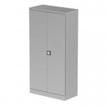 This photo shows a tall silver cupboard with two doors and shelves inside. The cupboard has a modern minimalistic design and stands at 1850mm tall. It is perfect for storing stationery and other items. The silver color adds a sleek touch to any room.