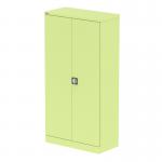The photograph features a sleek and modern silverline tall cupboard with two doors, standing at 1850mm in height. The color is a vibrant chlorophyll green and the interior contains shelves for storage.