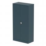 In the picture, the Silverline Tall cupboards Qube stands at 1850mm tall and has 2 doors. The color is an ocean cobalt and it features shelves inside. The cupboard has a sleek and modern look, perfect for organizing stationery or office supplies.