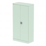 The image shows two tall cupboards from Silverline, measuring 1850mm in height. The cupboards are peppermint green in color and feature two doors. Inside, there are shelves for organizing and storing stationery items. The sleek design of these cupboards adds a modern touch to any space.