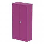 A photograph of Silverline Tall Cupboards Qube 1850mm 2-Door Stationery Cupboard in Traffic Purple with Shelves shows a sleek and modern storage unit. The bold purple color adds a pop of color while the shelves inside offer ample space for organizing supplies.