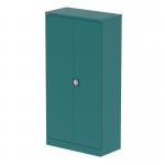 This picture features two tall cupboards from the Silverline Qube collection, standing at 1850mm tall. The doors are in a verdigris finish, and the cupboards come complete with shelves for organized storage of stationery and documents.